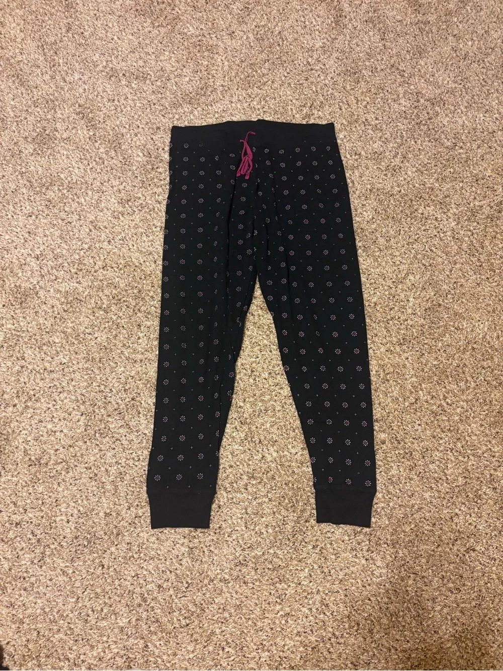 Serra Black Long Sleeve Waffle Knit Cotton Blend Pajama Set Pink Dot Pattern